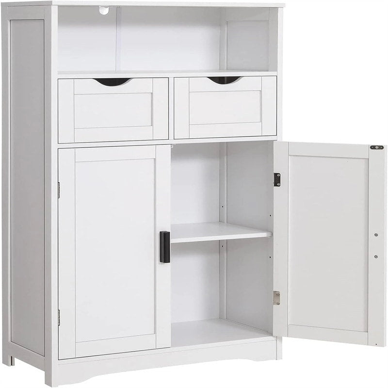 Farmhouse Storage Cabinet with Drawers Doors Adjustable Shelf Grey Wood