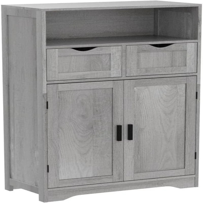 Farmhouse Storage Cabinet with Drawers Doors Adjustable Shelf Grey Wood