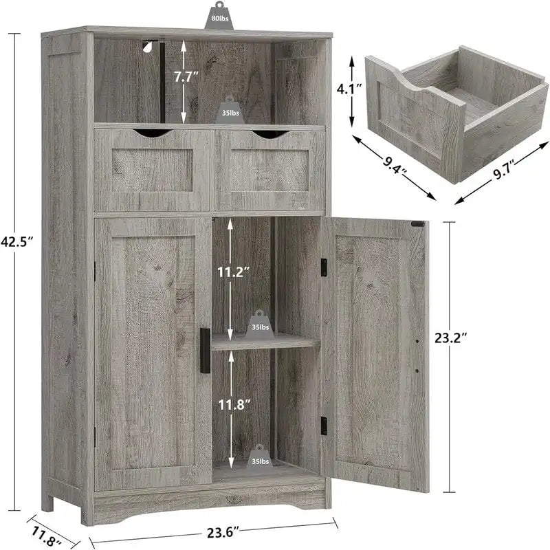 Farmhouse Storage Cabinet with Drawers Doors Adjustable Shelf Grey Wood