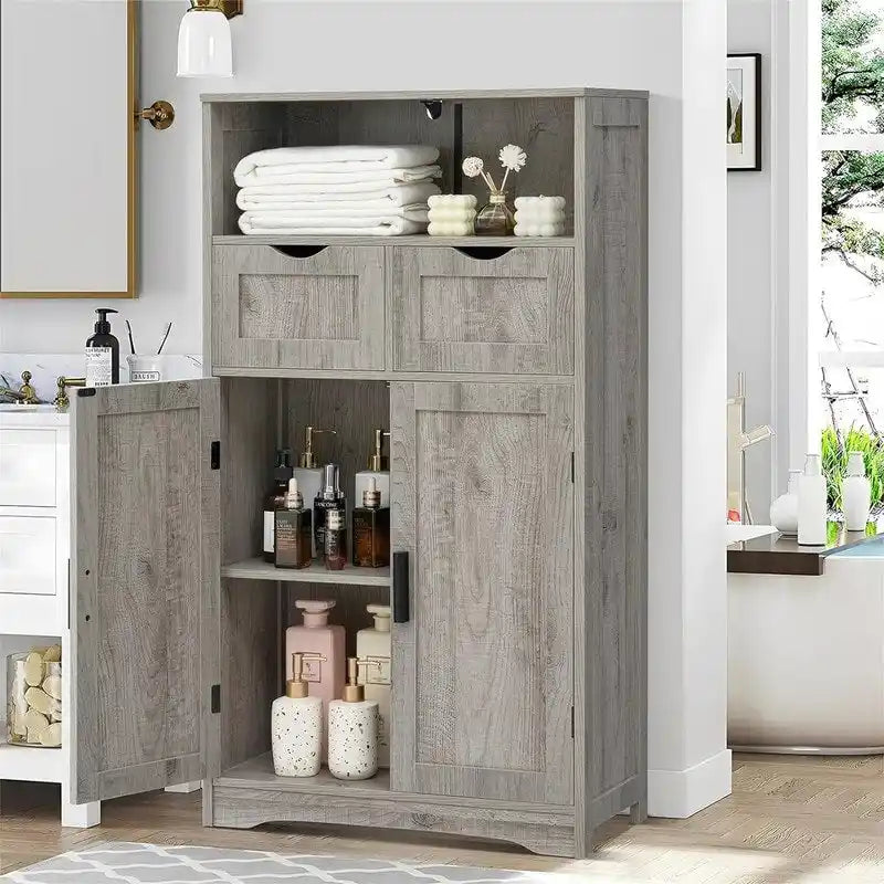 Farmhouse Storage Cabinet with Drawers Doors Adjustable Shelf Grey Wood