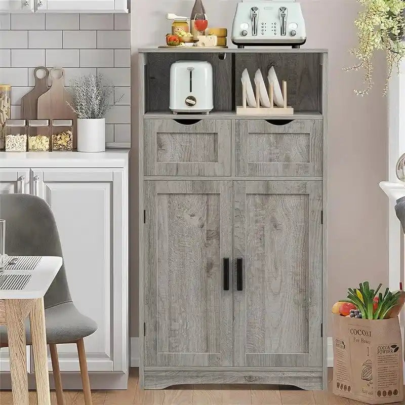 Farmhouse Storage Cabinet with Drawers Doors Adjustable Shelf Grey Wood