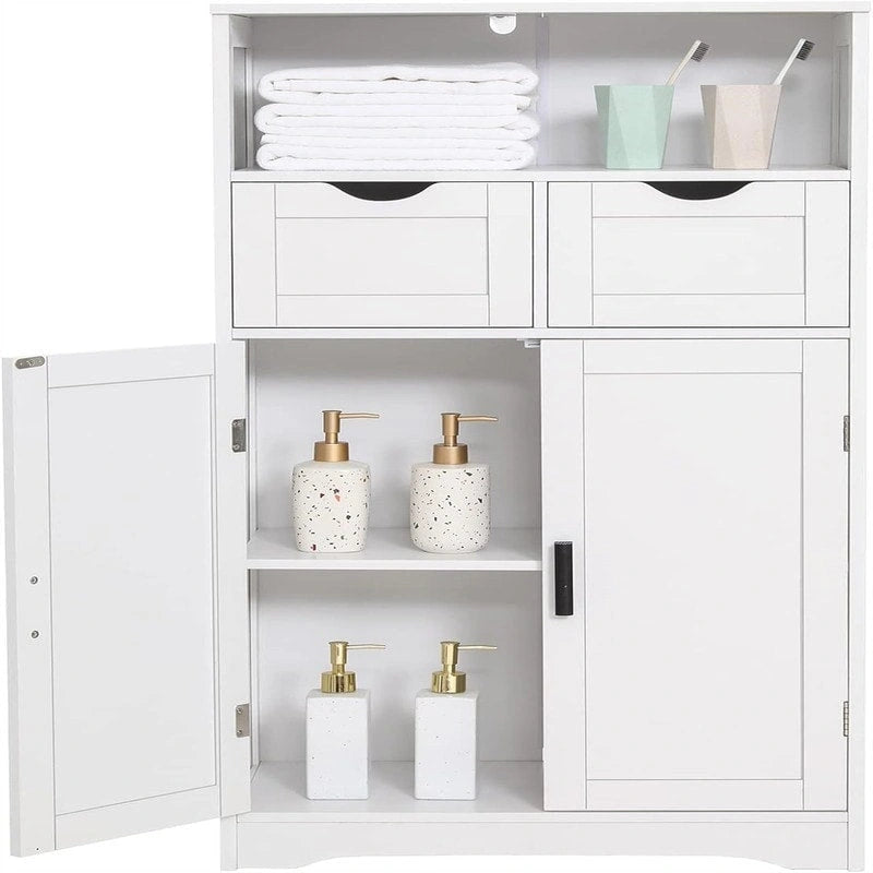 Farmhouse Storage Cabinet with Drawers Doors Adjustable Shelf Grey Wood