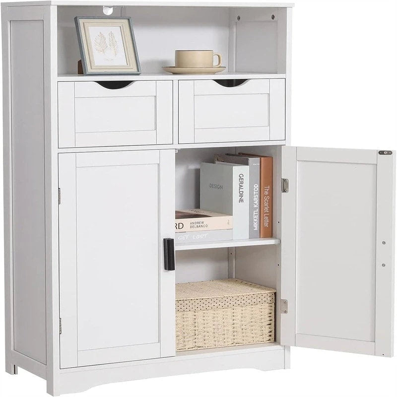 Farmhouse Storage Cabinet with Drawers Doors Adjustable Shelf Grey Wood