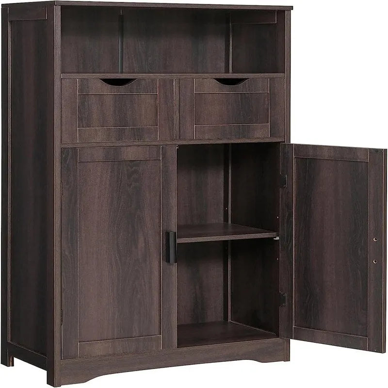 Farmhouse Storage Cabinet with Drawers Doors Adjustable Shelf Grey Wood