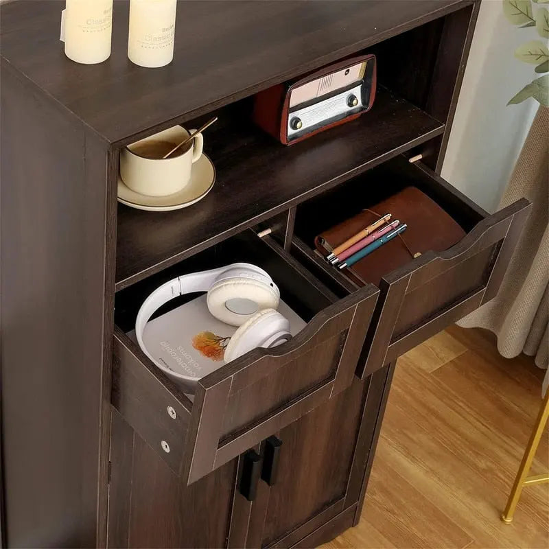 Farmhouse Storage Cabinet with Drawers Doors Adjustable Shelf Grey Wood