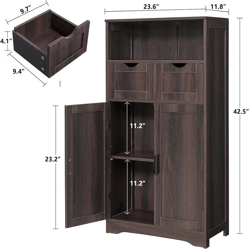 Farmhouse Storage Cabinet with Drawers Doors Adjustable Shelf Grey Wood