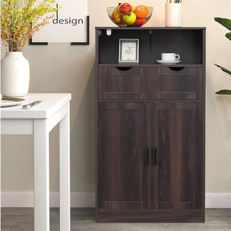 Farmhouse Storage Cabinet with Drawers Doors Adjustable Shelf Grey Wood