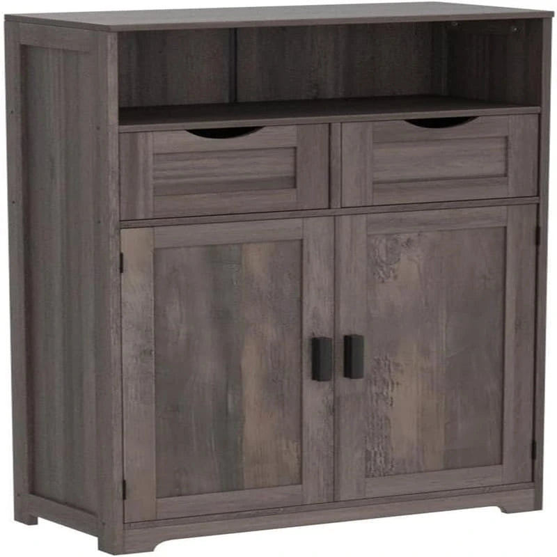 Farmhouse Storage Cabinet with Drawers Doors Adjustable Shelf Grey Wood