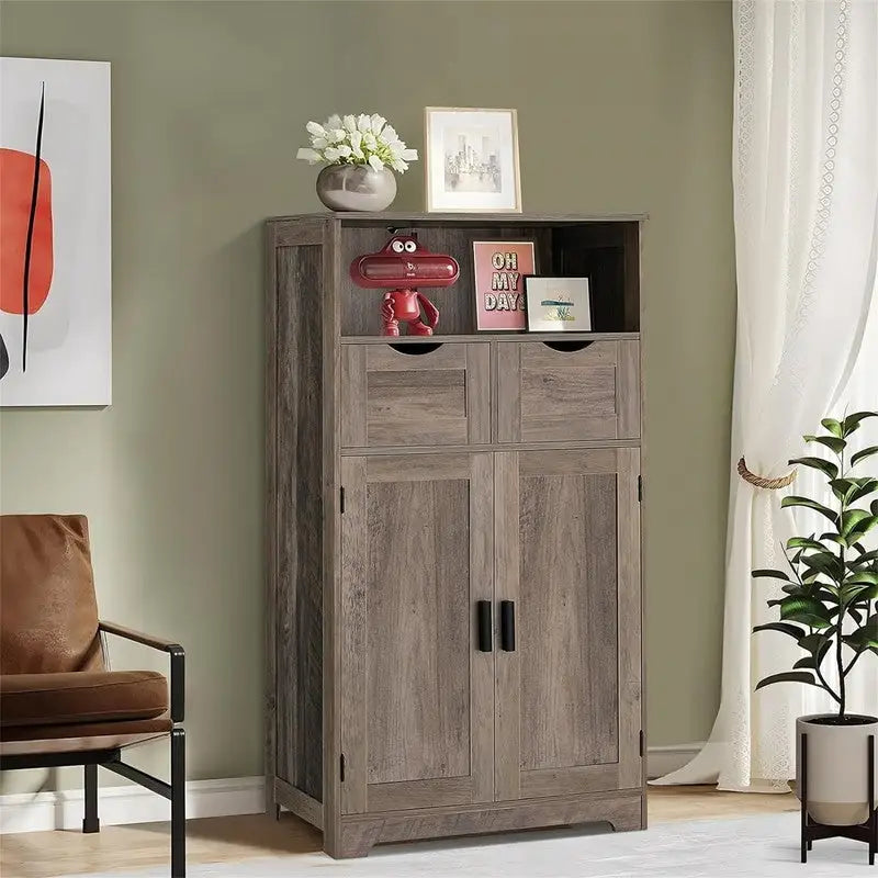 Farmhouse Storage Cabinet with Drawers Doors Adjustable Shelf Grey Wood