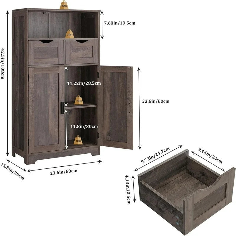 Farmhouse Storage Cabinet with Drawers Doors Adjustable Shelf Grey Wood