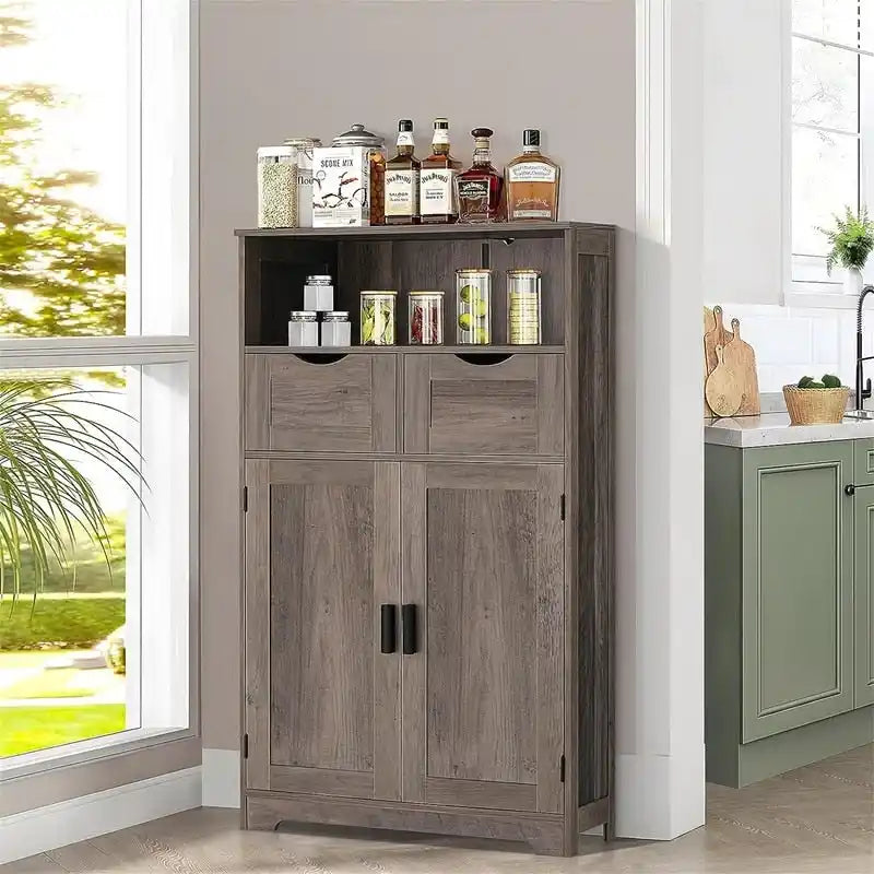 Farmhouse Storage Cabinet with Drawers Doors Adjustable Shelf Grey Wood