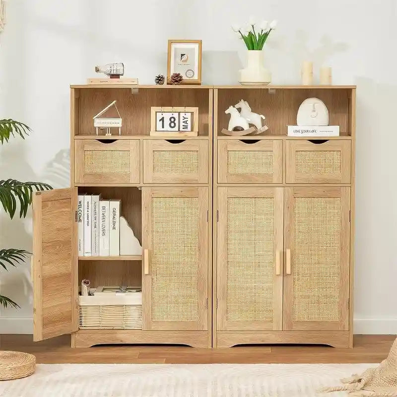 Farmhouse Storage Cabinet with Drawers Doors Adjustable Shelf Grey Wood