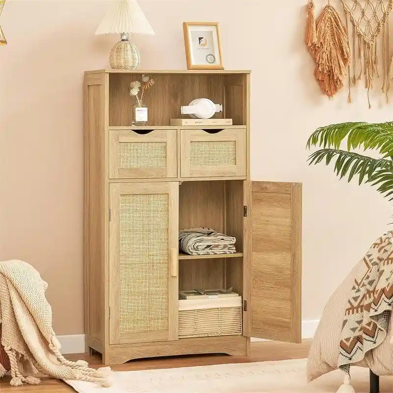 Farmhouse Storage Cabinet with Drawers Doors Adjustable Shelf Grey Wood