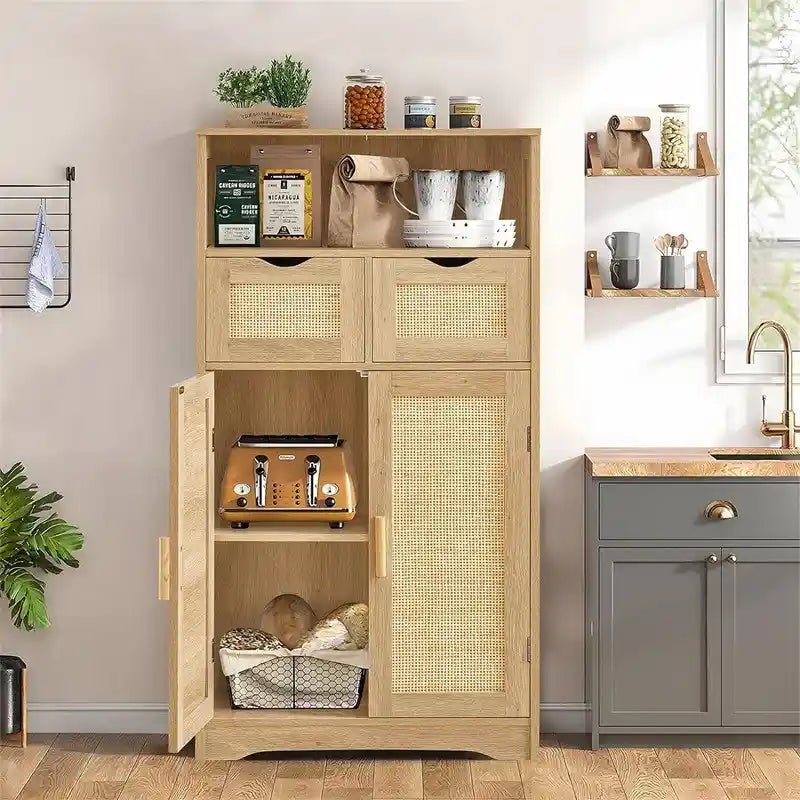 Farmhouse Storage Cabinet with Drawers Doors Adjustable Shelf Grey Wood