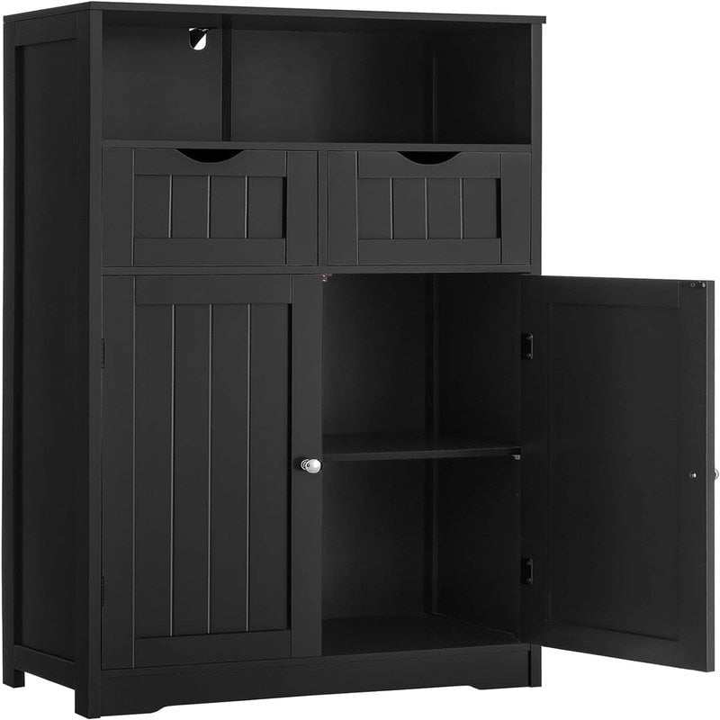 Farmhouse Storage Cabinet with Drawers Doors Adjustable Shelf Grey Wood