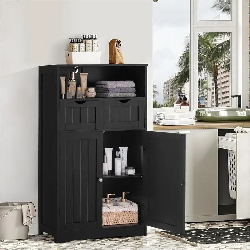 Farmhouse Storage Cabinet with Drawers Doors Adjustable Shelf Grey Wood