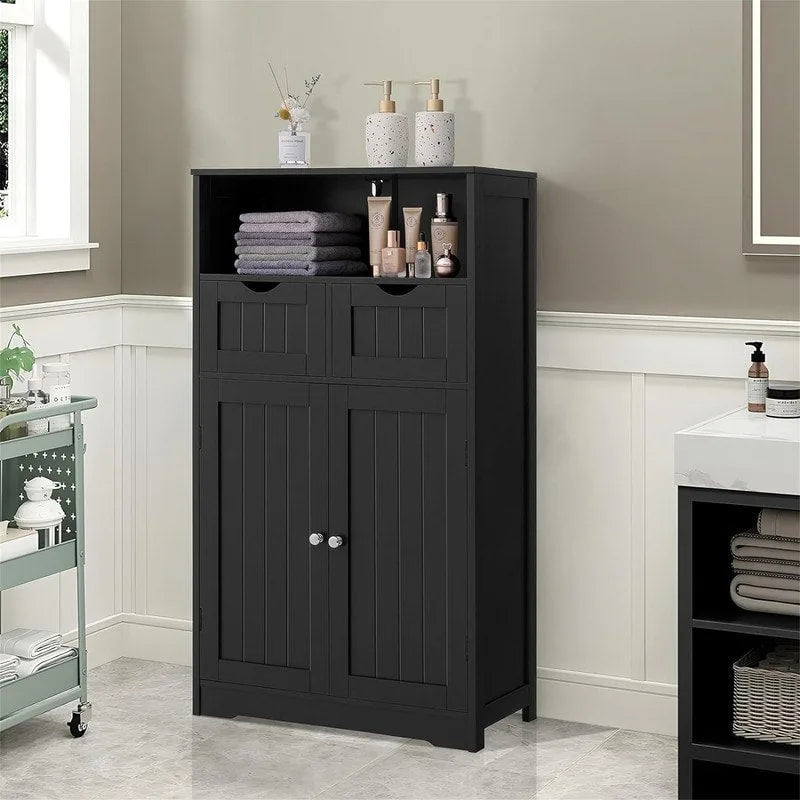 Farmhouse Storage Cabinet with Drawers Doors Adjustable Shelf Grey Wood