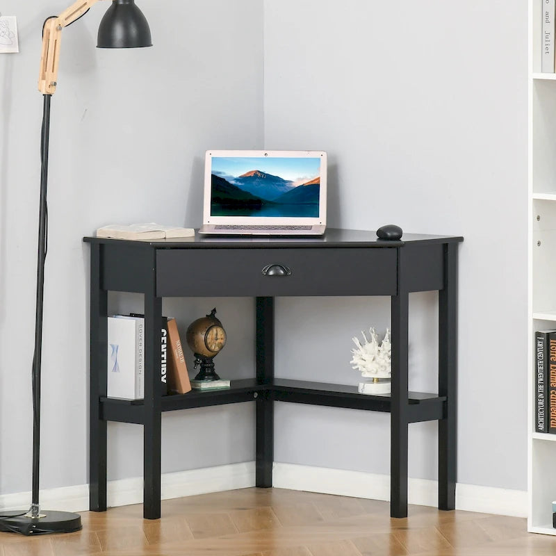 Modern Triangle Corner Desk with Drawer and Storage Shelves, Black White Grey