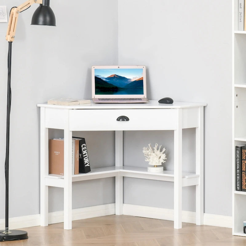 Modern Triangle Corner Desk with Drawer and Storage Shelves, Black White Grey