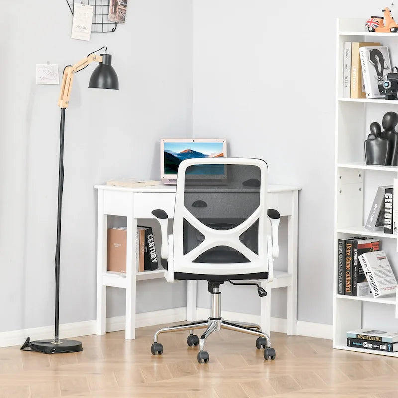 Modern Triangle Corner Desk with Drawer and Storage Shelves, Black White Grey
