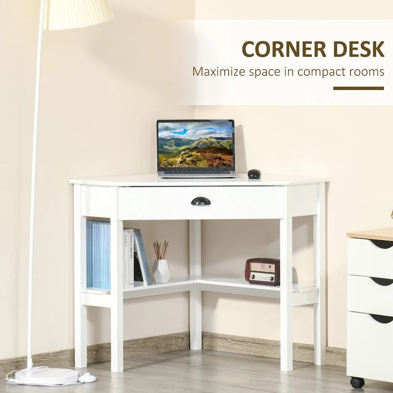 Modern Triangle Corner Desk with Drawer and Storage Shelves, Black White Grey