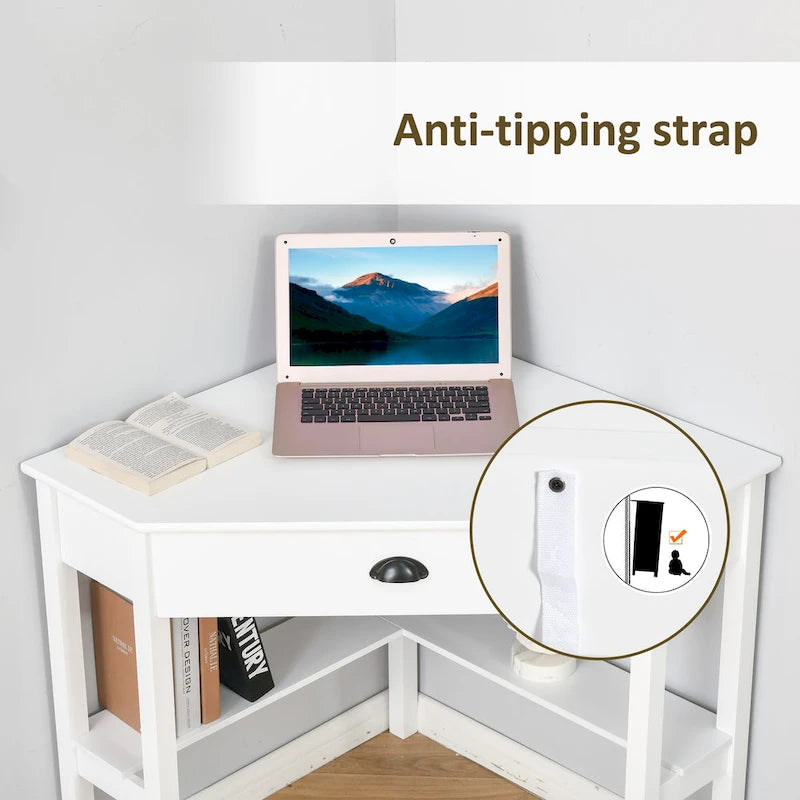 Modern Triangle Corner Desk with Drawer and Storage Shelves, Black White Grey