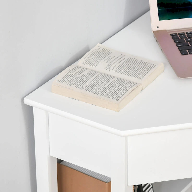 Modern Triangle Corner Desk with Drawer and Storage Shelves, Black White Grey