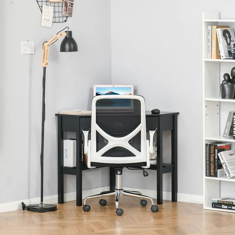 Modern Triangle Corner Desk with Drawer and Storage Shelves, Black White Grey