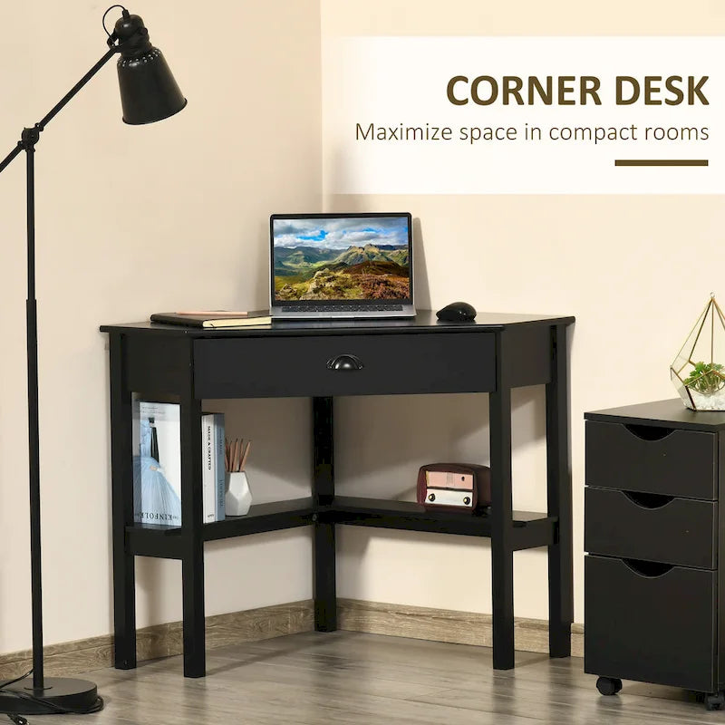 Modern Triangle Corner Desk with Drawer and Storage Shelves, Black White Grey