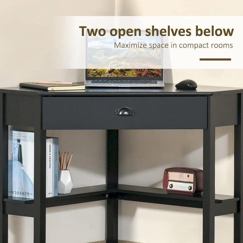 Modern Triangle Corner Desk with Drawer and Storage Shelves, Black White Grey