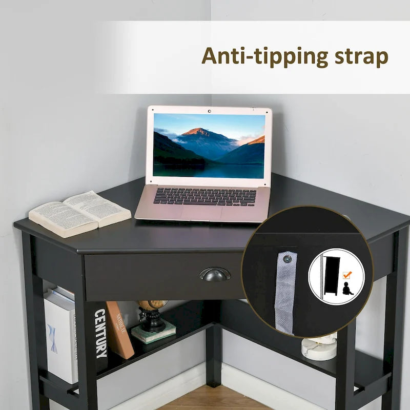 Modern Triangle Corner Desk with Drawer and Storage Shelves, Black White Grey