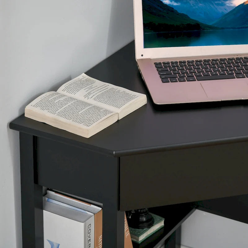 Modern Triangle Corner Desk with Drawer and Storage Shelves, Black White Grey
