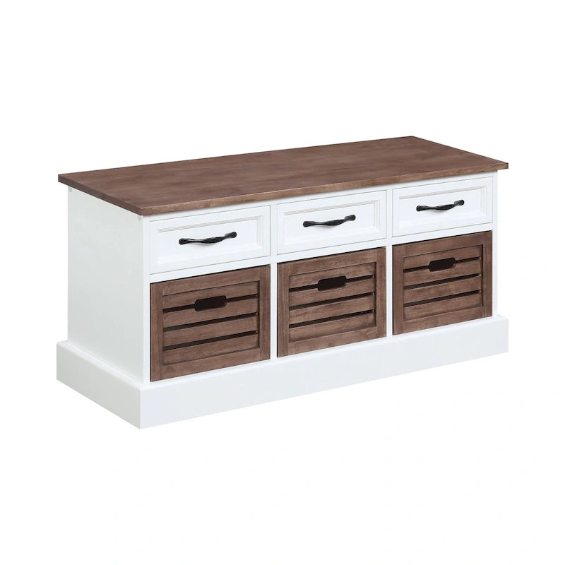 3-Drawer Storage Bench with Wooden Baskets, White and Cappuccino