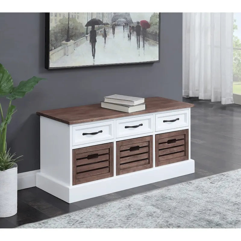 3-Drawer Storage Bench with Wooden Baskets, White and Cappuccino