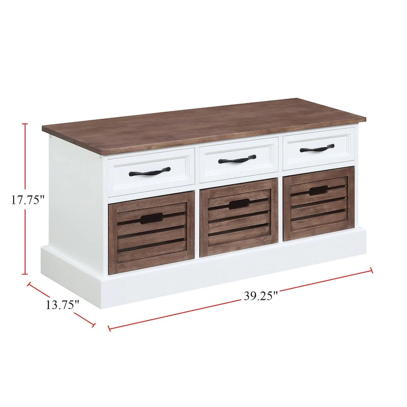 3-Drawer Storage Bench with Wooden Baskets, White and Cappuccino