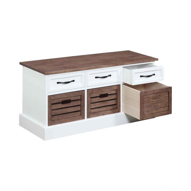 3-Drawer Storage Bench with Wooden Baskets, White and Cappuccino