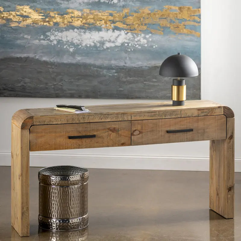 Rustic Pine Finish Wood Console Table with Two Drawers Beige Brown