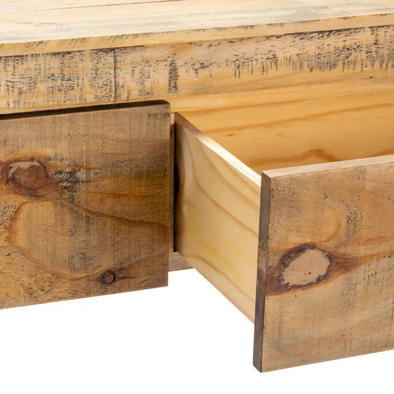 Rustic Pine Finish Wood Console Table with Two Drawers Beige Brown