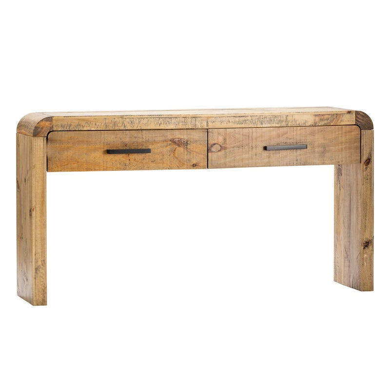 Rustic Pine Finish Wood Console Table with Two Drawers Beige Brown