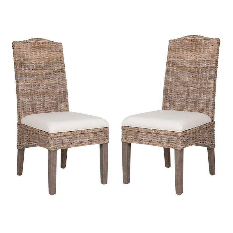 Handwoven Natural Rattan Cushioned Dining Chair with Cream Upholstery