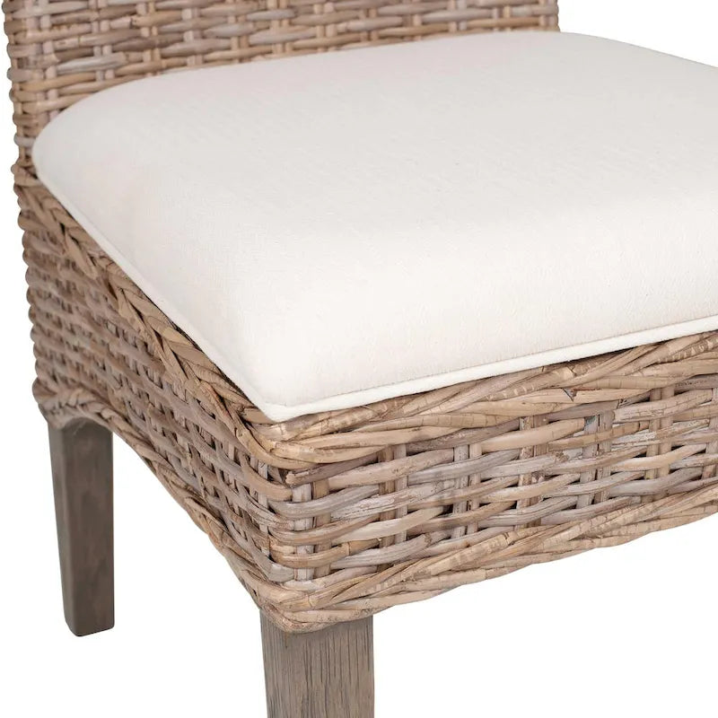 Handwoven Natural Rattan Cushioned Dining Chair with Cream Upholstery