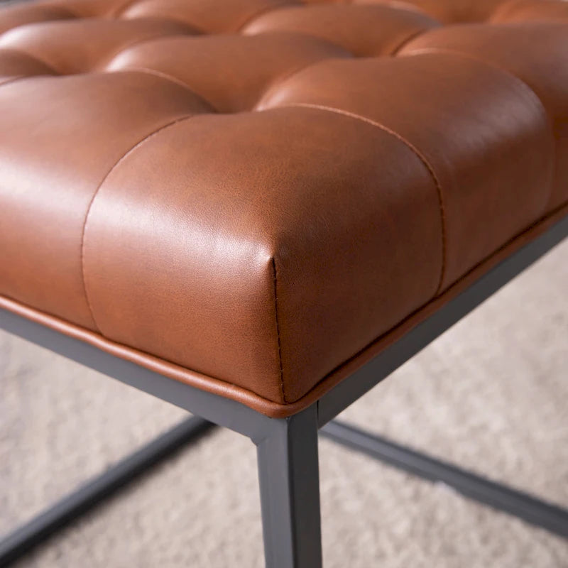 Saddle Brown Tufted Bonded Leather Mini Ottoman with Graphite Metal Base