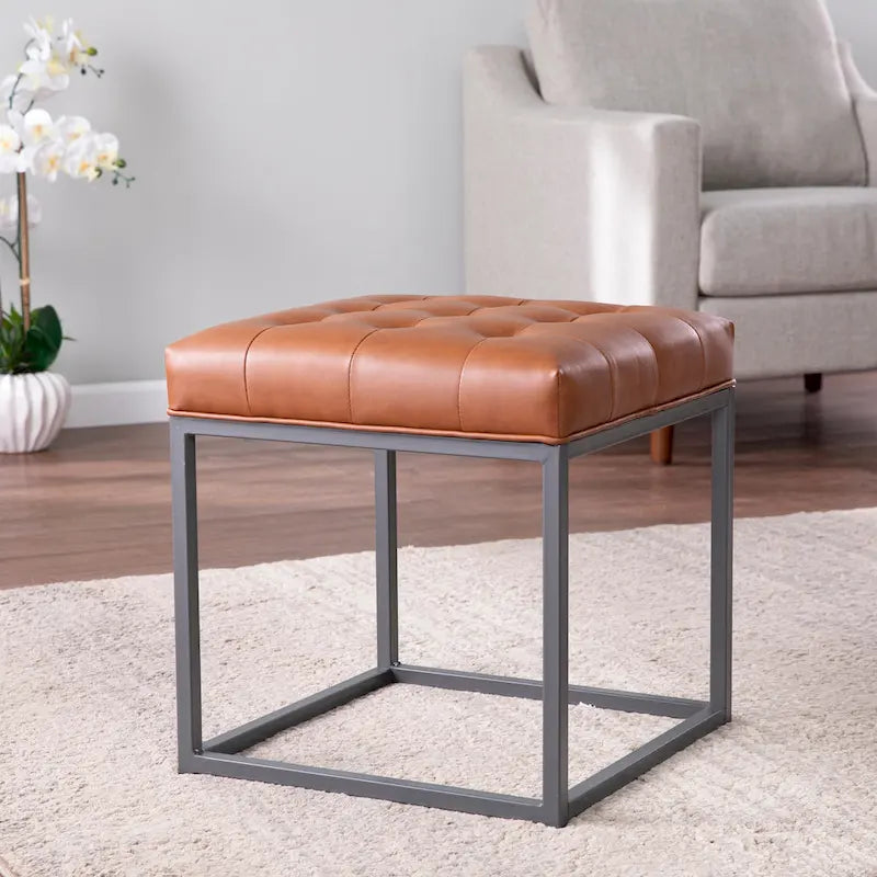 Saddle Brown Tufted Bonded Leather Mini Ottoman with Graphite Metal Base