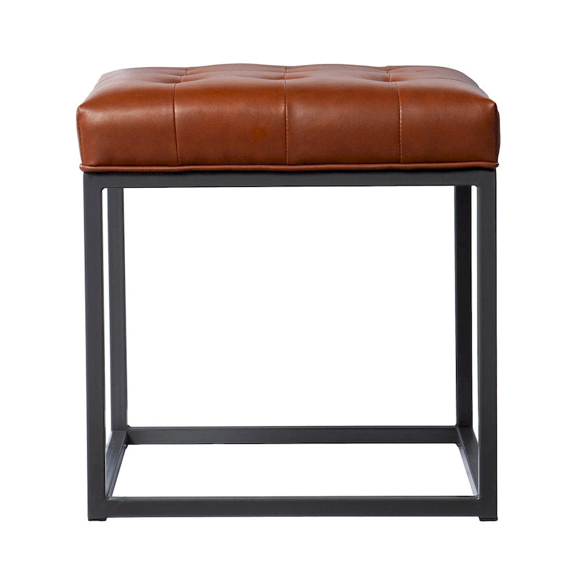 Saddle Brown Tufted Bonded Leather Mini Ottoman with Graphite Metal Base