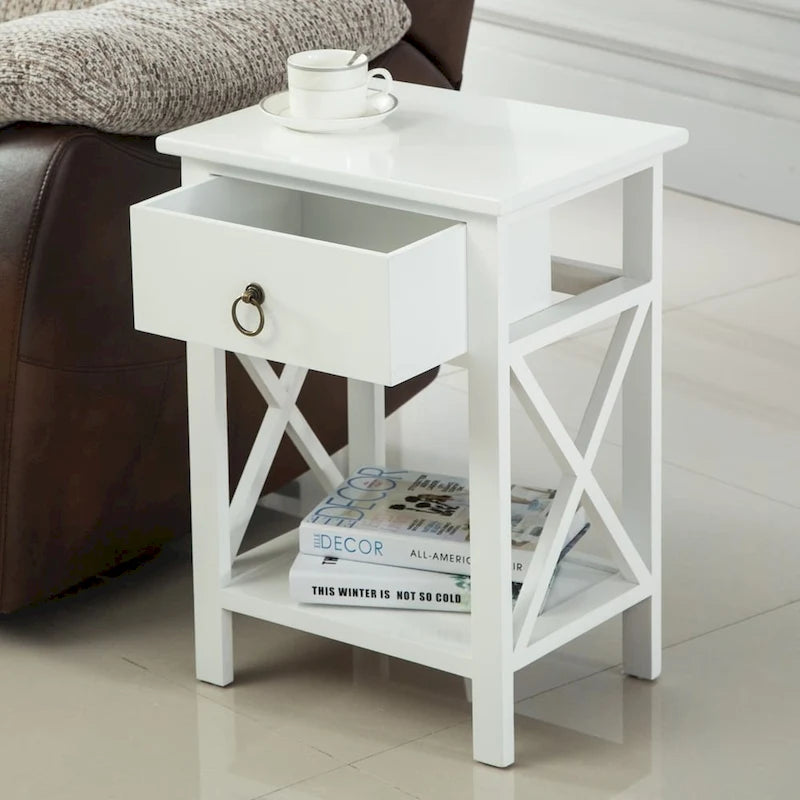 White X-Cross MDF 1-Drawer Storage Nightstand with Open Shelf