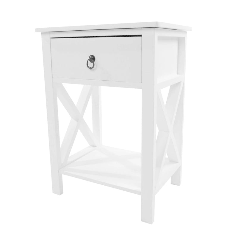 White X-Cross MDF 1-Drawer Storage Nightstand with Open Shelf