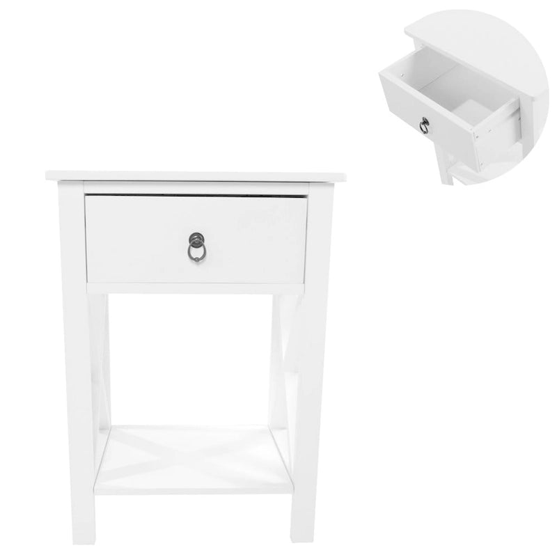White X-Cross MDF 1-Drawer Storage Nightstand with Open Shelf