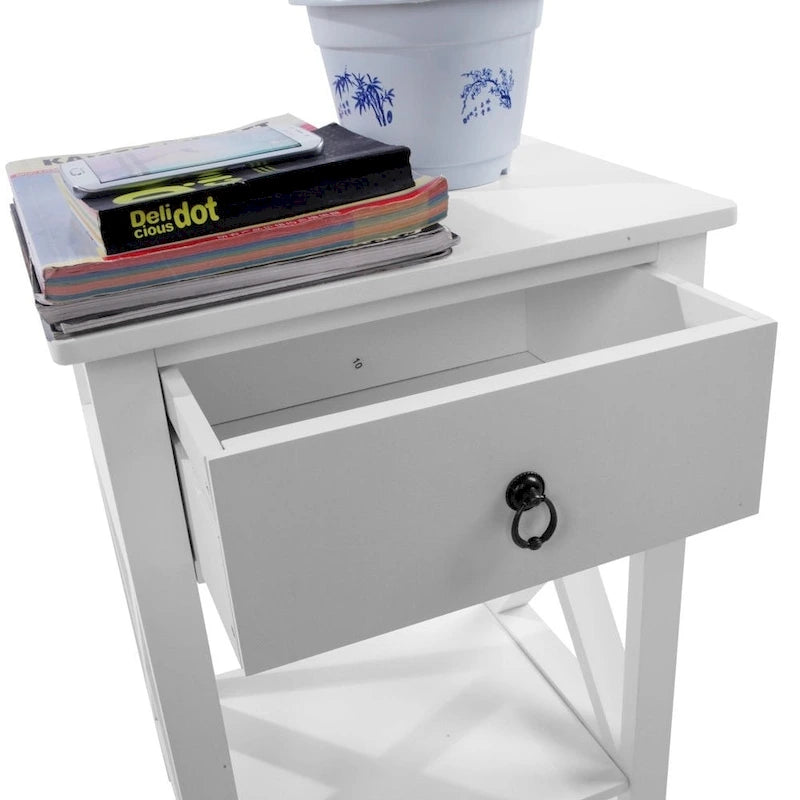 White X-Cross MDF 1-Drawer Storage Nightstand with Open Shelf