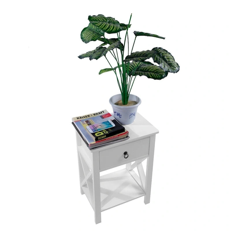White X-Cross MDF 1-Drawer Storage Nightstand with Open Shelf