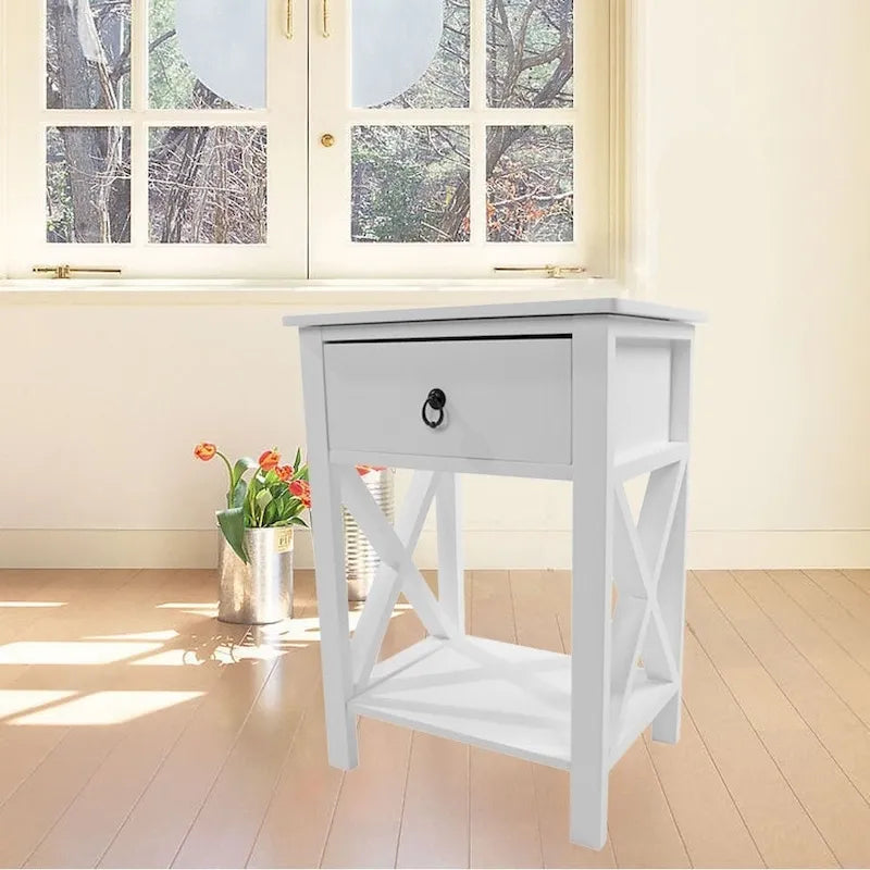 White X-Cross MDF 1-Drawer Storage Nightstand with Open Shelf